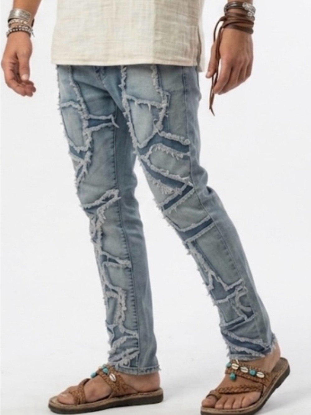 Forever 21 Men’s Light Blue Patchwork Distressed Jeans 32 Boho